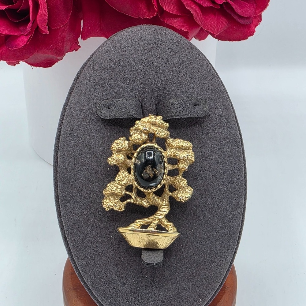 Amway Gold Tone Bonsai Tree Brooch‎ Pin Black Oval Stone Vintage Estate Jewelry